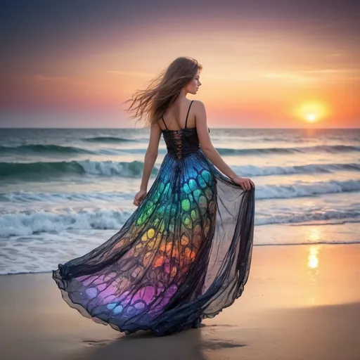 Prompt: ine Frau steht auf einem Strand neben dem Ozean, psychedelischer Schwarzlichtstil, Fantasy-Kleid, geht vorwärts zum Sonnenuntergang, Ganzkörpermalerei, strahlende Leuchtkugeln, leuchtende lebendige Farbtöne:1, seidiges Kleidungsstück, trägt wunderschöne Kleidung