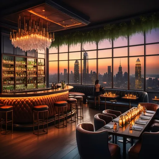Prompt: A luxurious rooftop bar at dusk, overlooking a sprawling city skyline with illuminated skyscrapers. The interior features leather booths, wooden tables, and a well-stocked bar counter with colorful bottles and crystal glasses. Warm ambient lighting from ornate chandeliers and candles, with a reflective ceiling and greenery along the windows. Realistic, cinematic style with high detail, emphasis on contrast between indoor elegance and urban night lights
