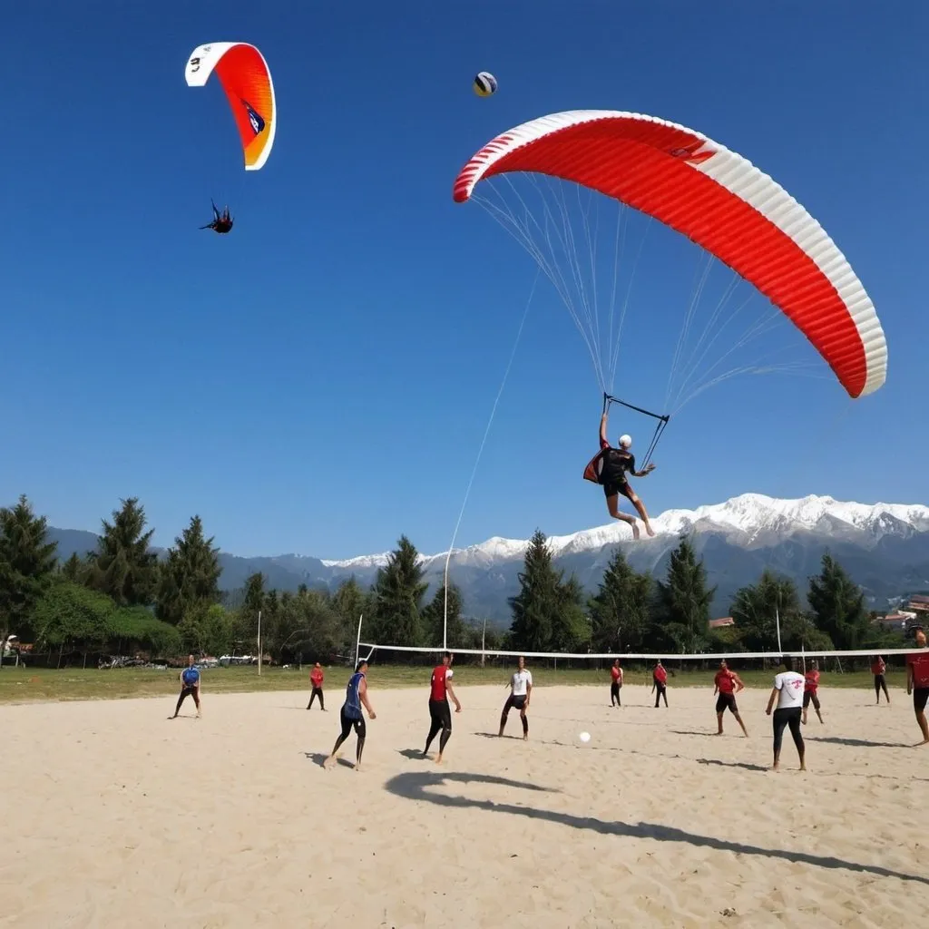 Prompt: Play volleyball with paragliding