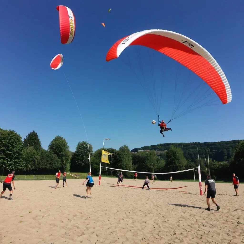 Prompt: Play volleyball with paragliding and everyone is on the air.

We are playing on top of Luxembourg city