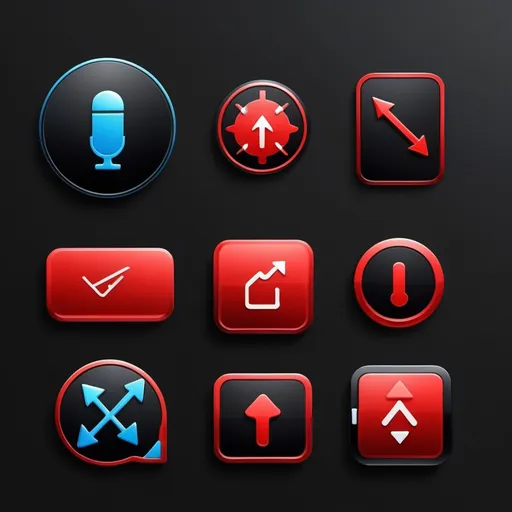Prompt: Stwórz cztery ikony, które umieszczę na pasku nawigacyjnym smartfona Samsung S24ultra. Ikony mają być 2D w kształcie menu, domu, strzałek w dół, 
strzałek w lewo i mikrofonu. Czerwone ikony na czarnym tle. Bardzo kolorowe z linią kontrastu
