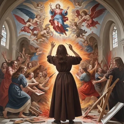 Prompt: a painting of a brown haired polish woman painting beautifully coloured religious christian murals feverishly as satans demons and war are attacking the outside of the church