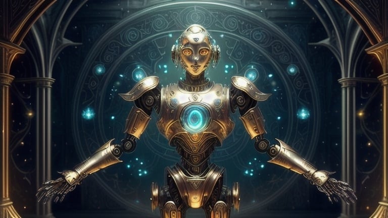 Prompt: Fantasy-style illustration of an Ai robot, intricate metallic details, mystical aura, magical glowing symbols, ethereal essence, otherworldly landscape, high quality, fantasy, magical, intricate metallic details, mystical, glowing symbols, ethereal, otherworldly, robotic, futuristic, fantasy landscape, magical aura, enchanted, magical lighting