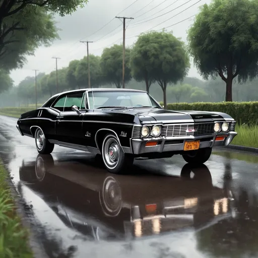 Prompt: Realistic depiction of a 1967 Chevy Impala(car), glossy black paint, chrome details, authentic vintage look, realistic lighting, high quality, high-res, detailed interior, classic car, photorealistic, vintage, detailed reflections, professional shading, authentic atmosphere, greenery in the background, car is on the empty rainy road and is there in the middle, all greenery beside the road, the car is being used for military use, photorealistic