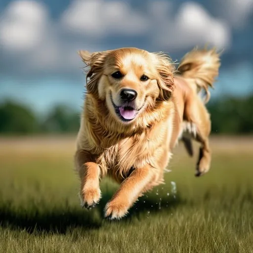 Prompt: High quality, detailed depiction of a runninning golden retriever, in a lush open grassland, vibrant colors, realistic, detailed fur, dynamic movement, natural lighting, wildlife, dynamic pose, ultra high resolution, detailed motion, nature, animal, energetic, vibrant colors, realistic fur texture, dynamic composition, professional, natural lighting, ultra cute dog