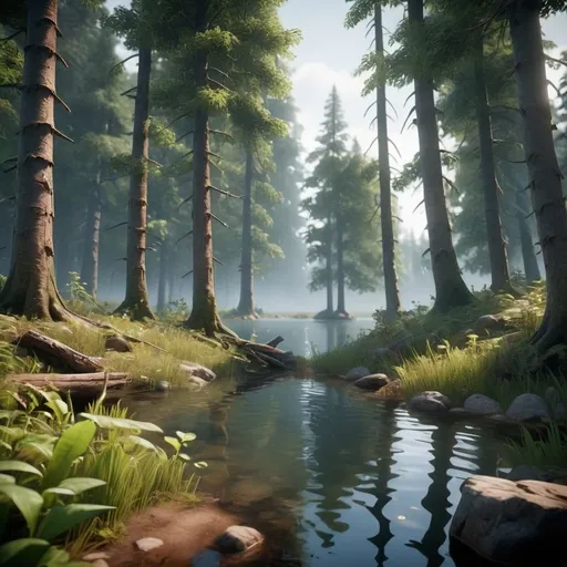 Prompt: a mysterious forest next to a lake, high quality, unreal engine