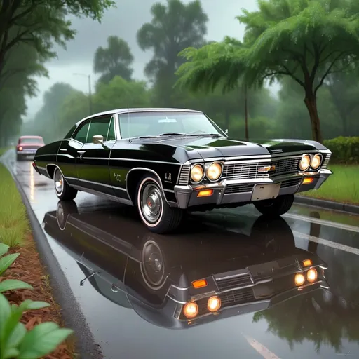 Prompt: Realistic depiction of a 1967 Chevy Impala(car), glossy black paint, chrome details, authentic vintage look, realistic lighting, high quality, high-res, detailed interior, classic car, photorealistic, vintage, detailed reflections, professional shading, authentic atmosphere, greenery in the background, car is on the empty rainy road and is there in the middle, all greenery beside the road