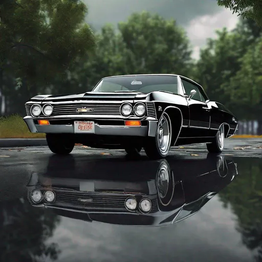 Prompt: Realistic depiction of a 1967 Chevy Impala(car), glossy black paint, chrome details, authentic vintage look, realistic lighting, high quality, high-res, detailed interior, classic car, photorealistic, vintage, detailed reflections, professional shading, authentic atmosphere, greenery in the background, car is on the empty rainy road and is there in the middle, all greenery beside the road,photorealistic