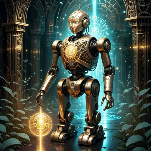 Prompt: Fantasy-style illustration of an Ai robot, intricate metallic details, mystical aura, magical glowing symbols, ethereal essence, otherworldly landscape, high quality, fantasy, magical, intricate metallic details, mystical, glowing symbols, ethereal, otherworldly, robotic, futuristic, fantasy landscape, magical aura, enchanted, magical lighting