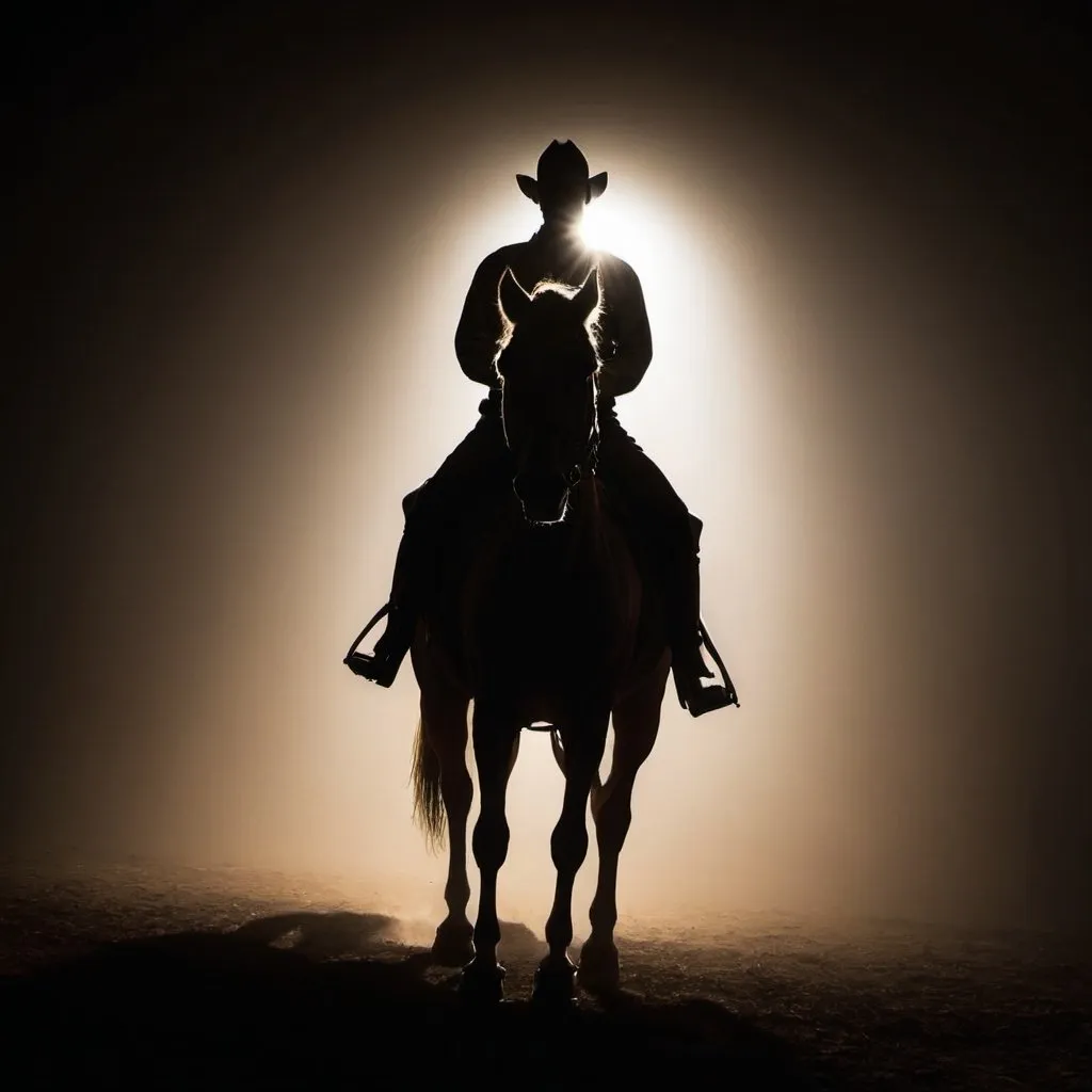 Prompt: Backlit photo of a man on horse. Silhouette, dramatic, artistic, shadowy