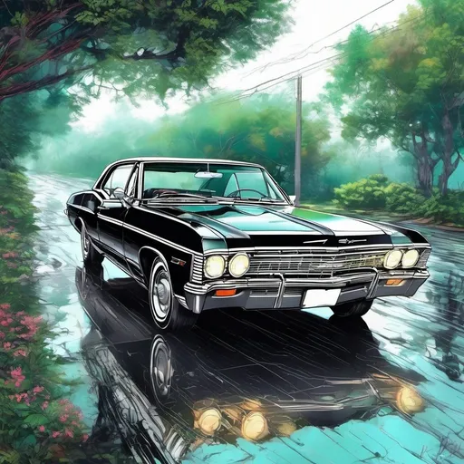 Prompt: Realistic depiction of a 1967 Chevy Impala(car), glossy black paint, chrome details, authentic vintage look, realistic lighting, high quality, high-res, detailed interior, classic car, photorealistic, vintage, detailed reflections, professional shading, authentic atmosphere, greenery in the background, car is on the empty rainy road and is there in the middle, all greenery beside the road,photorealistic