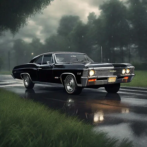 Prompt: Realistic depiction of a 1967 Chevy Impala(car), glossy black paint, chrome details, authentic vintage look, realistic lighting, high quality, high-res, detailed interior, classic car, photorealistic, vintage, detailed reflections, professional shading, authentic atmosphere, greenery in the background, car is on the rainy road and is there in the middle, all greenery beside the road
