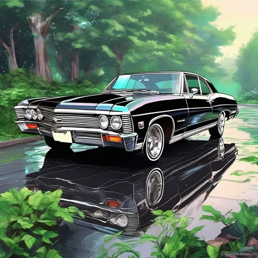 Prompt: Realistic depiction of a 1967 Chevy Impala(car), glossy black paint, chrome details, authentic vintage look, realistic lighting, high quality, high-res, detailed interior, classic car, photorealistic, vintage, detailed reflections, professional shading, authentic atmosphere, greenery in the background, car is on the empty rainy road and is there in the middle, all greenery beside the road,photorealistic