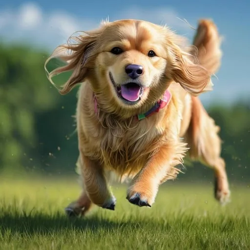 Prompt: High quality, detailed depiction of a runninning golden retriever, in a lush open grassland, vibrant colors, realistic, detailed fur, dynamic movement, natural lighting, wildlife, dynamic pose, ultra high resolution, detailed motion, nature, animal, energetic, vibrant colors, realistic fur texture, dynamic composition, professional, natural lighting, ultra cute dog
