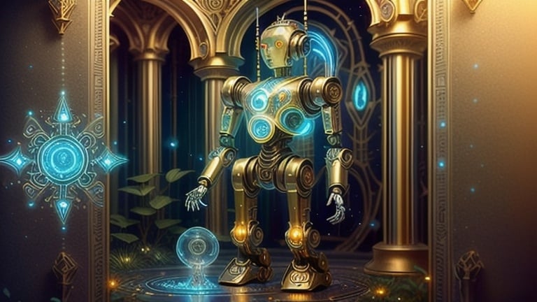 Prompt: Fantasy-style illustration of an Ai robot, intricate metallic details, mystical aura, magical glowing symbols, ethereal essence, otherworldly landscape, high quality, fantasy, magical, intricate metallic details, mystical, glowing symbols, ethereal, otherworldly, robotic, futuristic, fantasy landscape, magical aura, enchanted, magical lighting