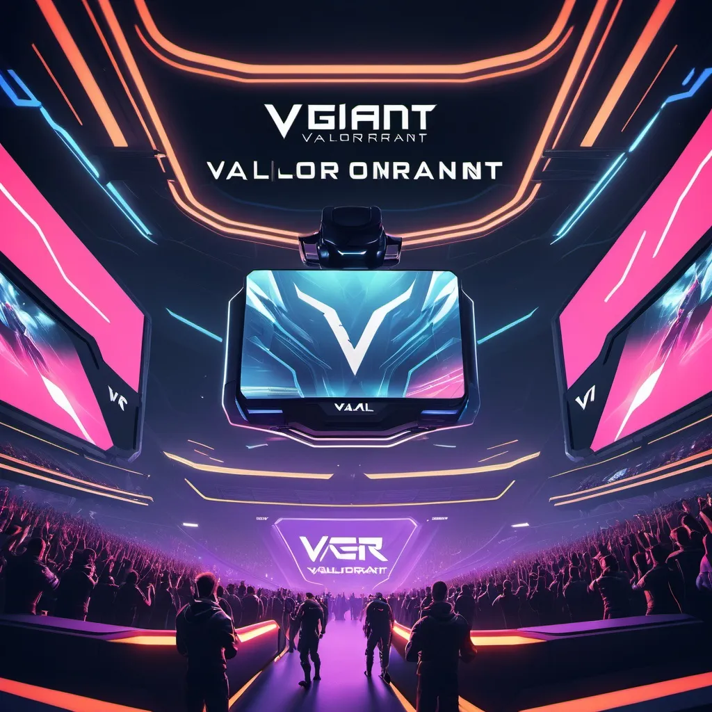 Prompt: A thrilling Valorant tournament with pro players battling onstage using VR. Giant screens display intense gameplay, while neon lights, roaring fans, and hyped commentators create an electrifying esports atmosphere in a futuristic arena
