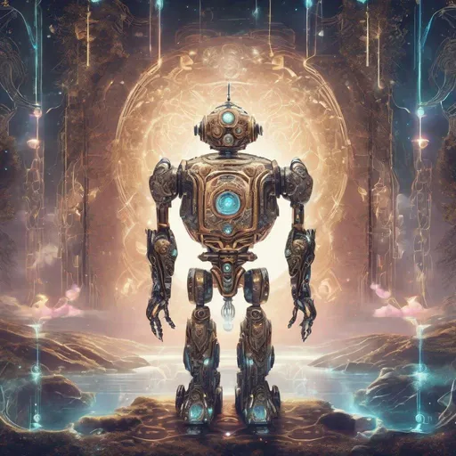 Prompt: Fantasy-style illustration of an Ai robot, intricate metallic details, mystical aura, magical glowing symbols, ethereal essence, otherworldly landscape, high quality, fantasy, magical, intricate metallic details, mystical, glowing symbols, ethereal, otherworldly, robotic, futuristic, fantasy landscape, magical aura, enchanted, magical lighting