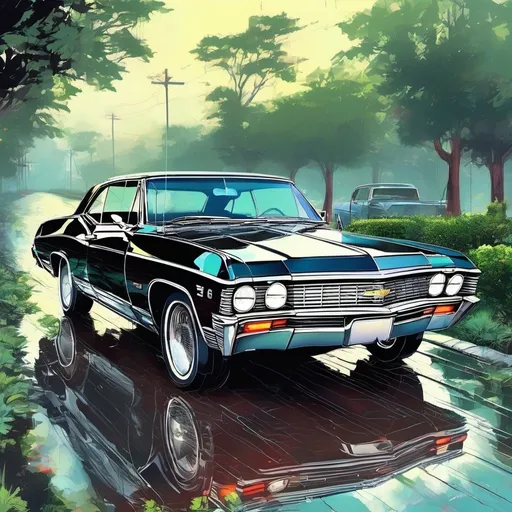 Prompt: Realistic depiction of a 1967 Chevy Impala(car), glossy black paint, chrome details, authentic vintage look, realistic lighting, high quality, high-res, detailed interior, classic car, photorealistic, vintage, detailed reflections, professional shading, authentic atmosphere, greenery in the background, car is on the empty rainy road and is there in the middle, all greenery beside the road, the car is being used for military use, photorealistic