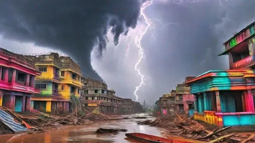 Prompt: Ultra HD, high quality, destructive cyclone in the background, less developed Indian city in Odisha, tribal style, intense storm, traditional tribal elements, vibrant colors, atmospheric lighting, chaos and destruction, cyclone, tribal art, vibrant colors, intense storm, traditional elements, atmospheric lighting, chaos and destruction, less developed city, Odisha, fantasy, unrealistic, animated, looks like digital art, everything in the environment have already been destroyed and no living beings are left,
bit realistic but not so much photorealistic