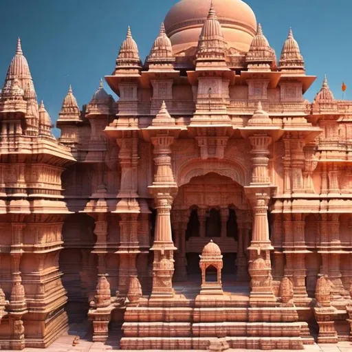 Prompt: Ram Mandir in Ayodhya, realistic digital painting, intricate stone carvings, grand architecture, vibrant and colorful, high quality, detailed, realistic, historical, traditional, ornate design, warm tones, natural lighting, bustling atmosphere