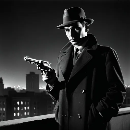 Prompt: dim, night film noir photography, Detective, 1950s, holding revolver, city background, black coat and hat, shadows