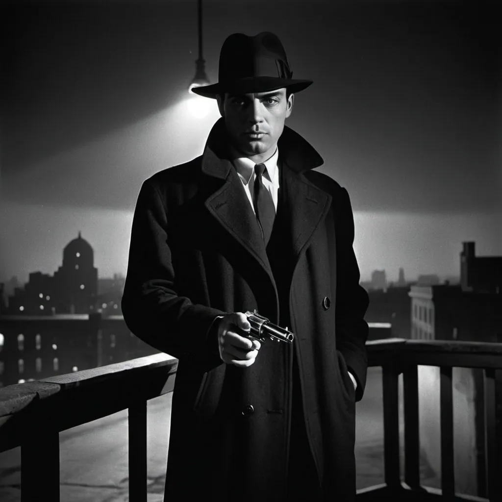 Prompt: dim, night film noir photography, Smart Detective, 1950s, holding revolver, city background, black coat and hat, shadows