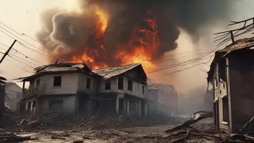 Prompt: Animated scene of a natural disaster like a flood or cyclone in a rural village, ultra HD, detailed destruction, apocalyptic animation, chaotic aftermath, smoke and fire, ruined buildings, devastated landscape, realistic animation, intense color contrast, dramatic lighting, high quality, ultra detailed, apocalyptic, rural village, man-made disaster, chaotic aftermath, destroyed buildings, intense color contrast, dramatic lighting