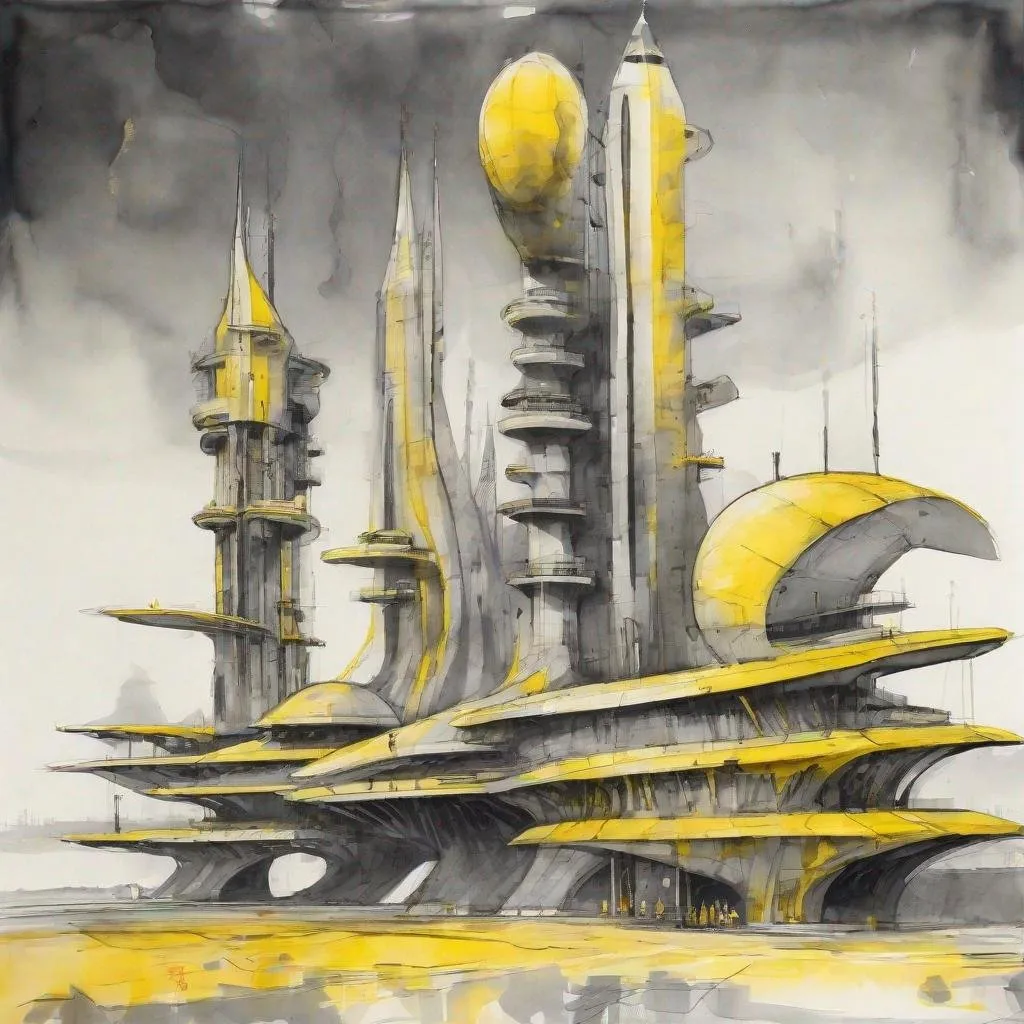 Prompt: futuristic spaceport with towers  in shades of gray and yellow, ink and wash  on paper,