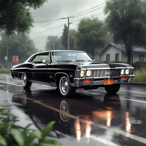 Prompt: Realistic depiction of a 1967 Chevy Impala(car), glossy black paint, chrome details, authentic vintage look, realistic lighting, high quality, high-res, detailed interior, classic car, photorealistic, vintage, detailed reflections, professional shading, authentic atmosphere, greenery in the background, car is on the empty rainy road and is there in the middle, all greenery beside the road