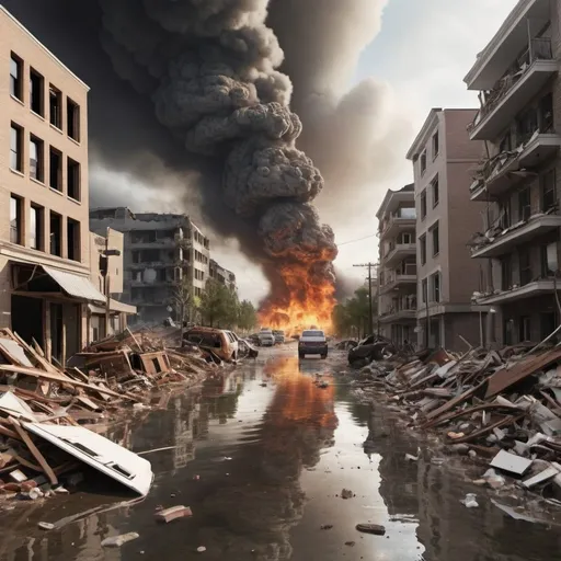 Prompt: make an animated photo on a disaster destroying everything around in the environment