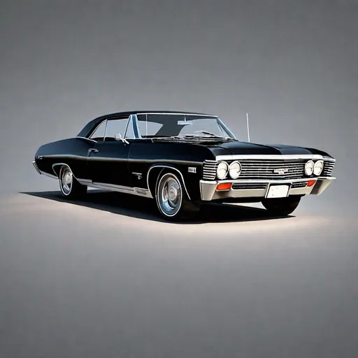 Prompt: Realistic depiction of a 1967 Chevy Impala(car), glossy black paint, chrome details, authentic vintage look, realistic lighting, high quality, high-res, detailed interior, classic car, photorealistic, vintage, detailed reflections, professional shading, authentic atmosphere, car front bonnet visible