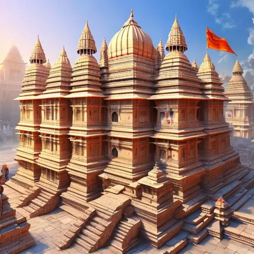 Prompt: Ram Mandir in Ayodhya, realistic digital painting, intricate stone carvings, grand architecture, vibrant and colorful, high quality, detailed, realistic, historical, traditional, ornate design, warm tones, natural lighting, bustling atmosphere