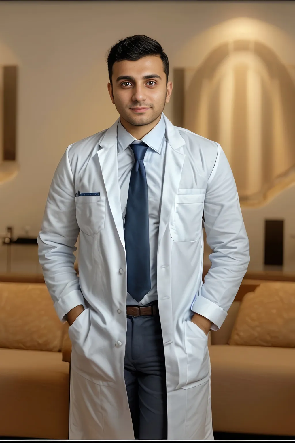 Prompt: "Profile photo of a young professional man in his mid-20s, with confident features and a neat appearance. He is wearing a clean white medical coat with a light blue shirt and a smart tie, reflecting the professionalism of the medical field with a calm smile and some of laboratory tools. He has a calm and friendly expression, with soft lighting enhancing his features. The background is blurry and elegant, with muted colors such as medical blue or white, giving the image a modern and professional feel. The art style is realistic and high-quality, perfect for a professional LinkedIn profile in the medical field."