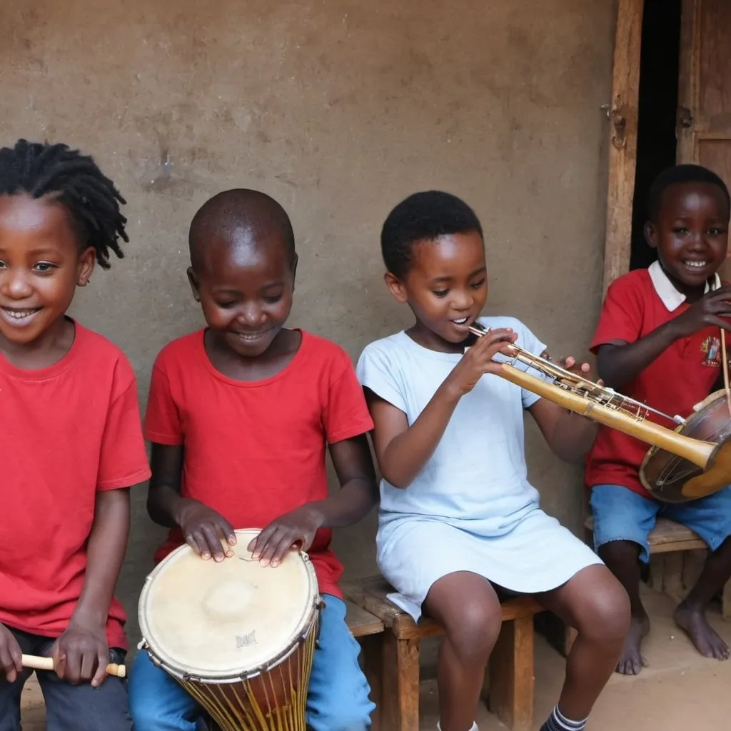 Prompt: African children learning to play musical instruments 