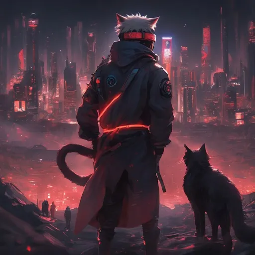 Prompt: Dark cyber punk hokage naruto with dark neon light, red har, standing with its back, city neon on mars, got 2  ninja cats on the shoulders