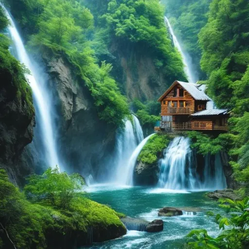 Prompt: You will be stunned when you discover a very beautiful waterfall area. It looks like there is a small cabin near the waterfall. The atmosphere in the area is very cozy and birds can be seen flying.

Describe the atmosphere from a bug's eye perspective by observing composition, space, shape and interweaving.