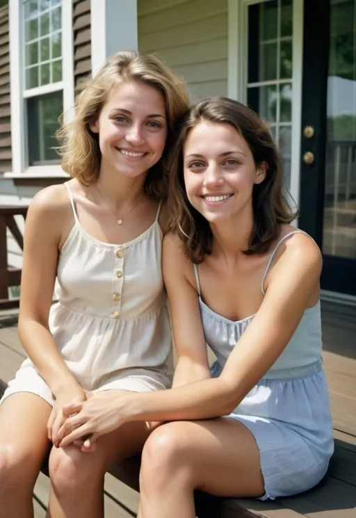 Prompt: Realistic analog photo of a 32-year-old woman, smiling, hazel eyes, shoulder-length brunette hair, with 28 year old blonde sister, on a deck outside a house, seated, looking at camara, summertime, relaxed vibe, vintage photo, photo realistic