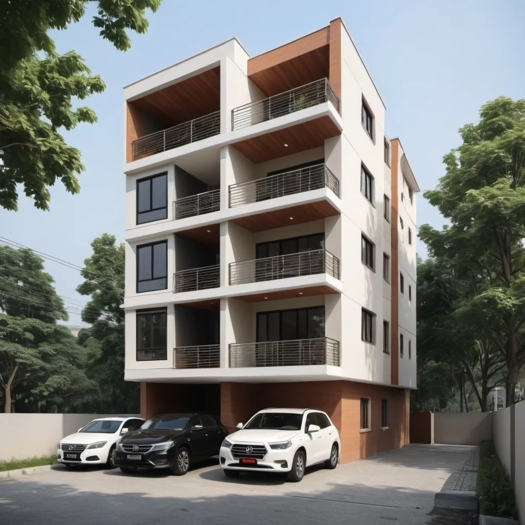 Prompt: 3 Storey building with 6 units of 4 bd, 2 baths, 1 study, open kitchen, and dinning area. 12 car parking space. Amplify windows for natural lighting and warmth, not sacrificing aesthetics for functionality.