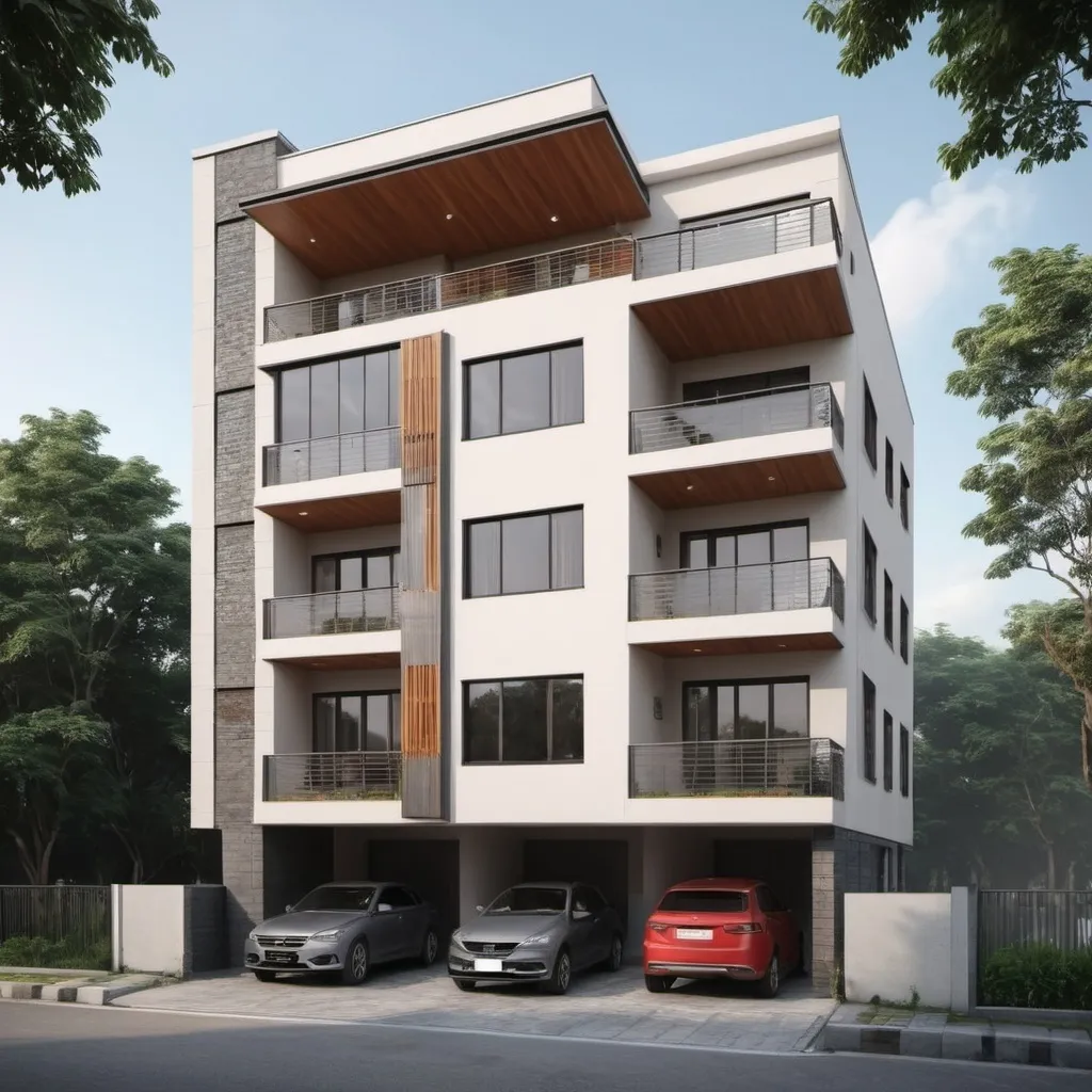 Prompt: 3 Storey building with 6 units of 4 bd, 2 baths, 1 study, open kitchen, and dinning area. 12 car parking space. Amplify windows for natural lighting and warmth, not sacrificing aesthetics for functionality.