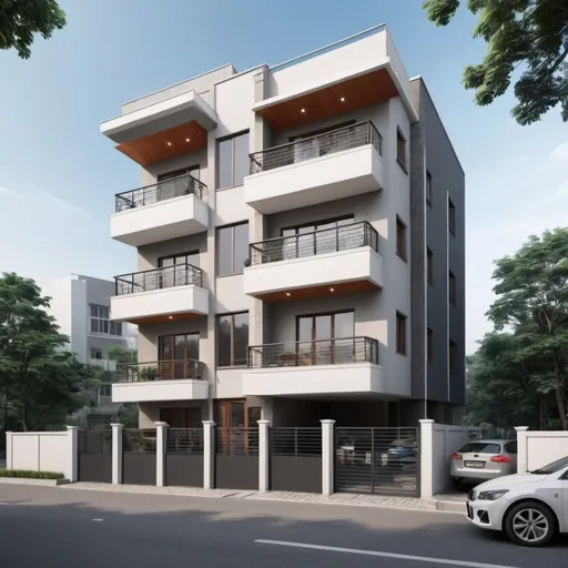 Prompt: 3 Storey building with 6 units of 4 bd, 2 baths, 1 study, open kitchen, and dinning area. 12 car parking space. Amplify windows for natural lighting and warmth, not sacrificing aesthetics for functionality.