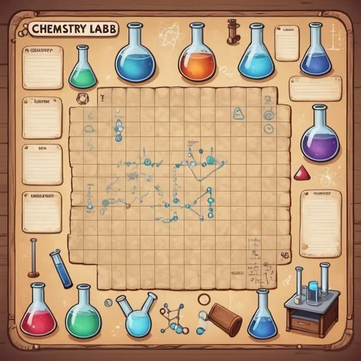 Prompt: RPG board with chemistry lab theme, must have a route with square writen begining and another square writen ending, the chemistry lab details will be around these squares, cartoon style