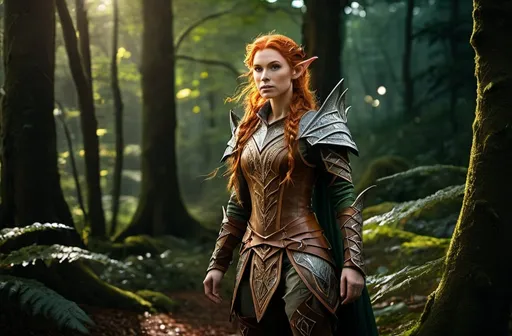 Prompt: A mid range full body of an elven ranger woman with pointy ears in the woods wearing leather armor with intricate ornate elven details, ginger hair, fantasy art, high detail image, sharp image, intricate detail, high quality, realistic, Photography, Photoshoot, Ultra-Wide Angle, Depth of Field, 32k, Super-Resolution, Megapixel, ProPhoto, insanely detailed and intricate, hypermaximalist, elegant, hyper realistic, super detailed, 8k, 8k uhd, dslr, soft lighting, high quality, epic fantasy, {epic heroic pose}