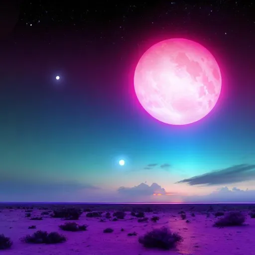Prompt: Double moons and purple atmosphere while on a planet near dark waters shimmering nearby. Nebulae, planets with stars, and multiple moons are in the background of the sky