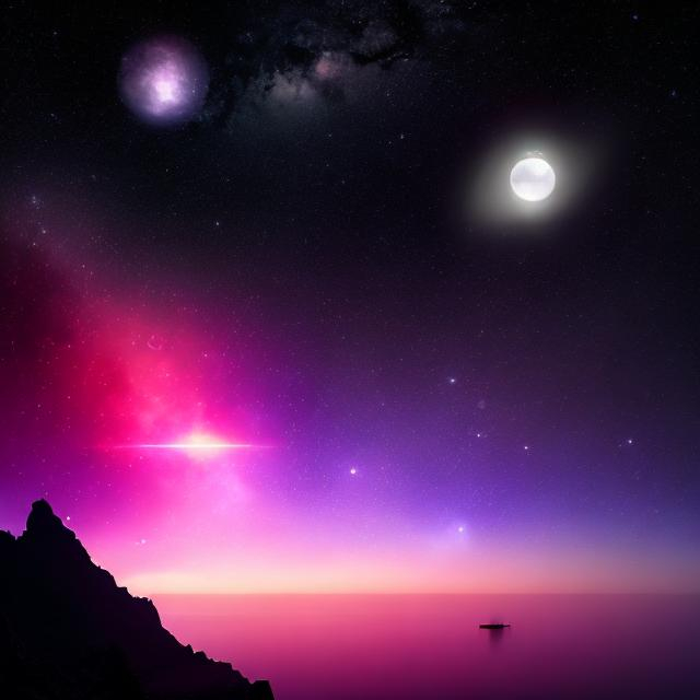 Prompt: Double moons and purple atmosphere while on a planet near dark waters shimmering nearby. Nebulae, planets with stars, and multiple moons are in the background of the sky