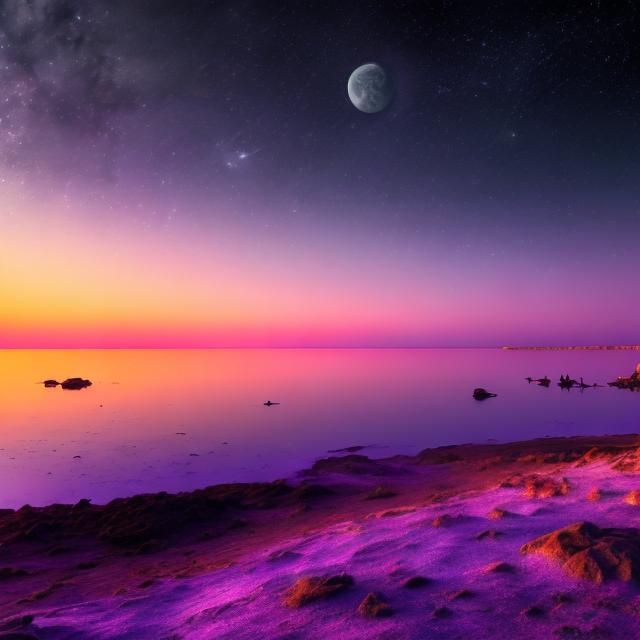 Prompt: Double moons and purple atmosphere while on a planet near dark waters shimmering nearby. Nebulae, planets with stars, and multiple moons are in the background of the sky