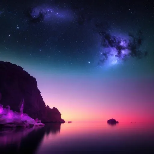 Prompt: Double moons and purple atmosphere while on a planet near dark waters shimmering nearby. Nebulae and planets with stars are in the background of the sky
