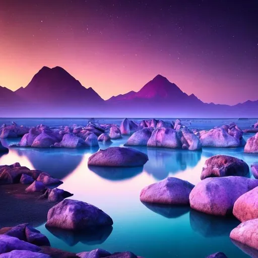 Prompt: Double moons and purple atmosphere while on a planet near dark waters shimmering nearby. Nebulae, planets with stars, and multiple moons are in the background of the sky. The foreground is water and stones with accurate reflections depicting whats in the sky