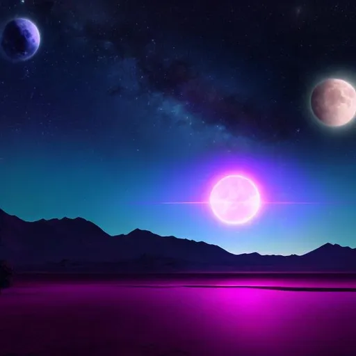 Prompt: Double moons and purple atmosphere while on a planet near dark waters shimmering nearby. Nebulae, planets with stars, and multiple moons are in the background of the sky