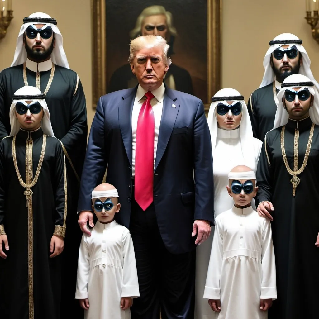 Prompt: Donald J Trump as Dajjal and his family as his minions.