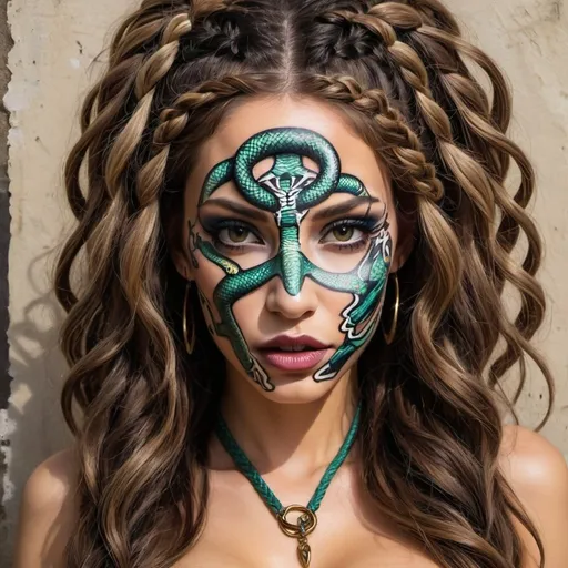 Prompt: Art portrait Graffiti art face microbraided snake long medusa hair charachter revealing cleavage graffiti art face make up print sedusa adornment